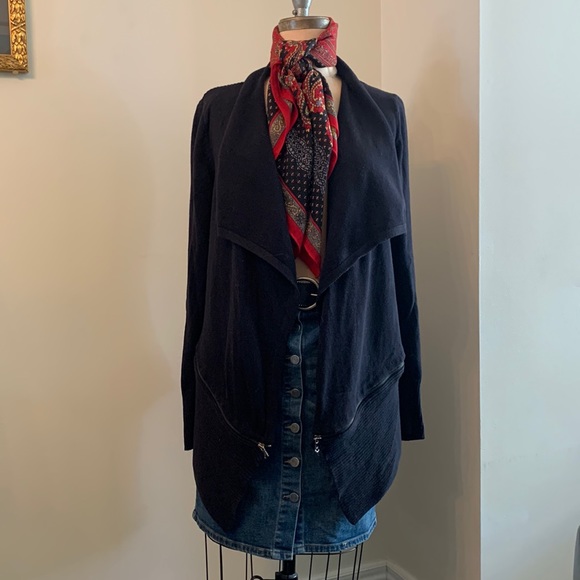 Kenneth Cole black cotton blend cardigan zipper detail rib knit panels design - Picture 1 of 4